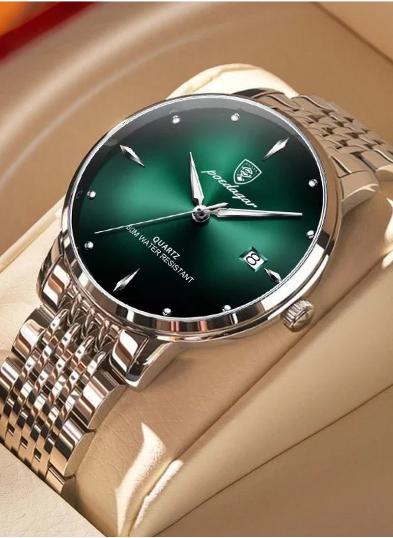 POEDAGAR - Men’s Analog Quartz Silver Stainless Steel Band Watch 42mm - Image 1
