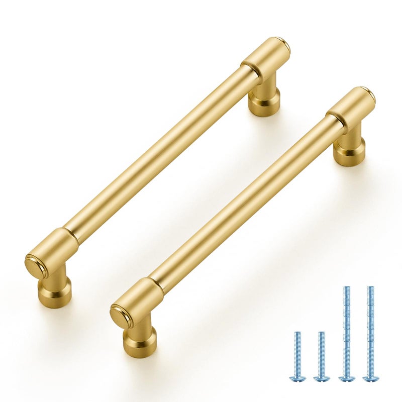 JOY DECOR 2 Pack 5 Inch Brushed Brass Cabinet Handles Modern Dresser Drawer Pulls Kitchen Cabinet Hardware for Cupboard Door Handles - Image 1