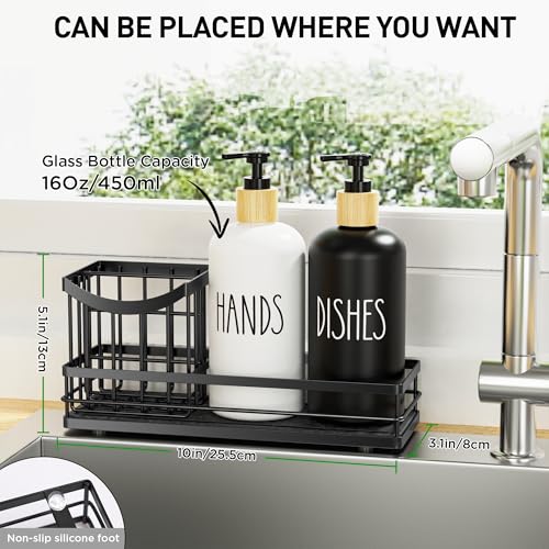 Moforoco Kitchen Dish Soap Dispenser Set, 16OZ Glass Bottle, Hand and Dish Soap Dispenser Set, Instant Dry Tray, Brush Holder with Smiley Face Sponge Holder (Universal Black Tray+Black&White Bottle) - Image 3