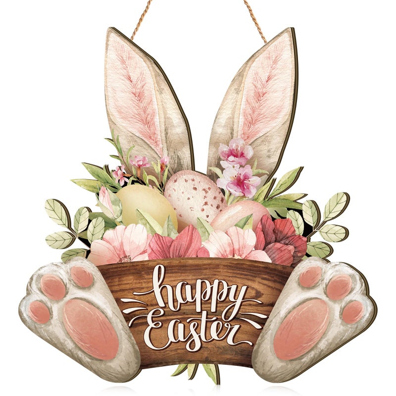 Barydat 1 Pcs Easter Wreaths for Front Door Bunny Welcome Wood Sign Door Hanger Spring Decorations Easter Hanging Plaque Rabbit Sign Decorations for Home Shop Garden 1181 Inch