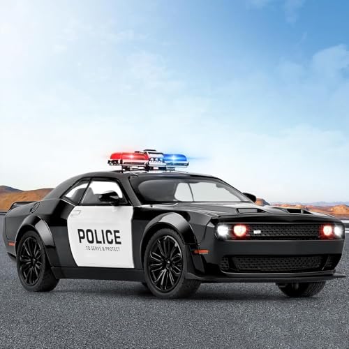 DEOXY Dodge Challenger SRT-Police | 1:24 Scale | Die-Cast Model Metal Pull Back Toy Car For Kids With Openable Doors & Light, Music Toy Vehicle For Kids, Black - Image 2