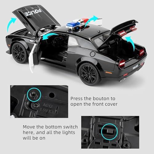 DEOXY Dodge Challenger SRT-Police | 1:24 Scale | Die-Cast Model Metal Pull Back Toy Car For Kids With Openable Doors & Light, Music Toy Vehicle For Kids, Black - Image 3