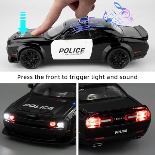 DEOXY Dodge Challenger SRT-Police | 1:24 Scale | Die-Cast Model Metal Pull Back Toy Car For Kids With Openable Doors & Light, Music Toy Vehicle For Kids, Black - Image 5