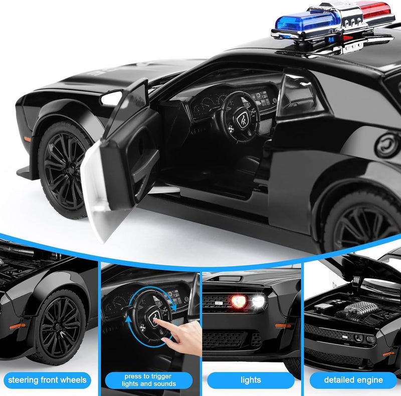 DEOXY Dodge Challenger SRT-Police | 1:24 Scale | Die-Cast Model Metal Pull Back Toy Car For Kids With Openable Doors & Light, Music Toy Vehicle For Kids, Black - Image 4