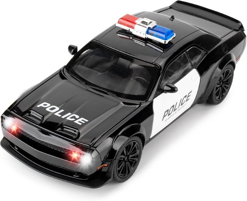 DEOXY Dodge Challenger SRT-Police | 1:24 Scale | Die-Cast Model Metal Pull Back Toy Car For Kids With Openable Doors & Light, Music Toy Vehicle For Kids, Black - Image 1
