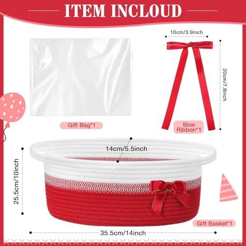 Colingmill Woven Gift Basket Empty with Handles Ribbons Bow Tie Bag 14 x 10 x 55 Inch Medium Decorative Woven Gift Basket Rope Storage Box Home Decor14 x 10 x 55 InchRed White - Image 3