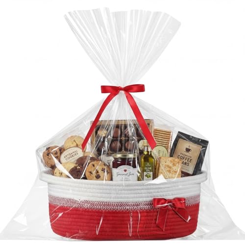 Colingmill Woven Gift Basket Empty with Handles Ribbons Bow Tie Bag 14 x 10 x 55 Inch Medium Decorative Woven Gift Basket Rope Storage Box Home Decor14 x 10 x 55 InchRed White - Image 1