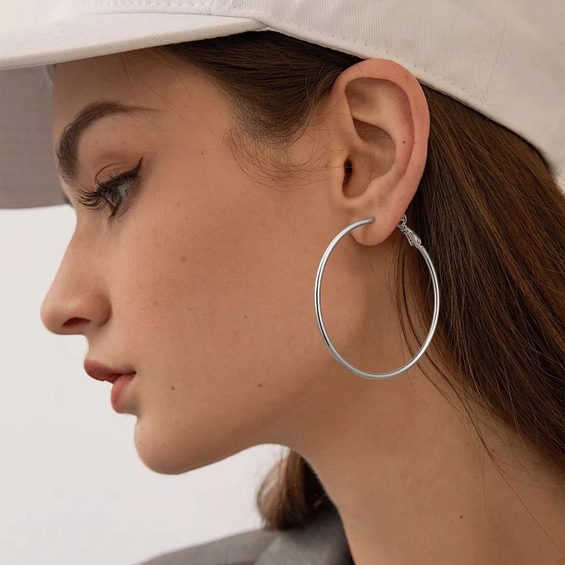 Gacimy Large Hoop Earrings for Women 14K White Gold Plated, 925 Sterling Silver Post Hoops for Women, 50mm Silver Tone Big Earrings - Image 4