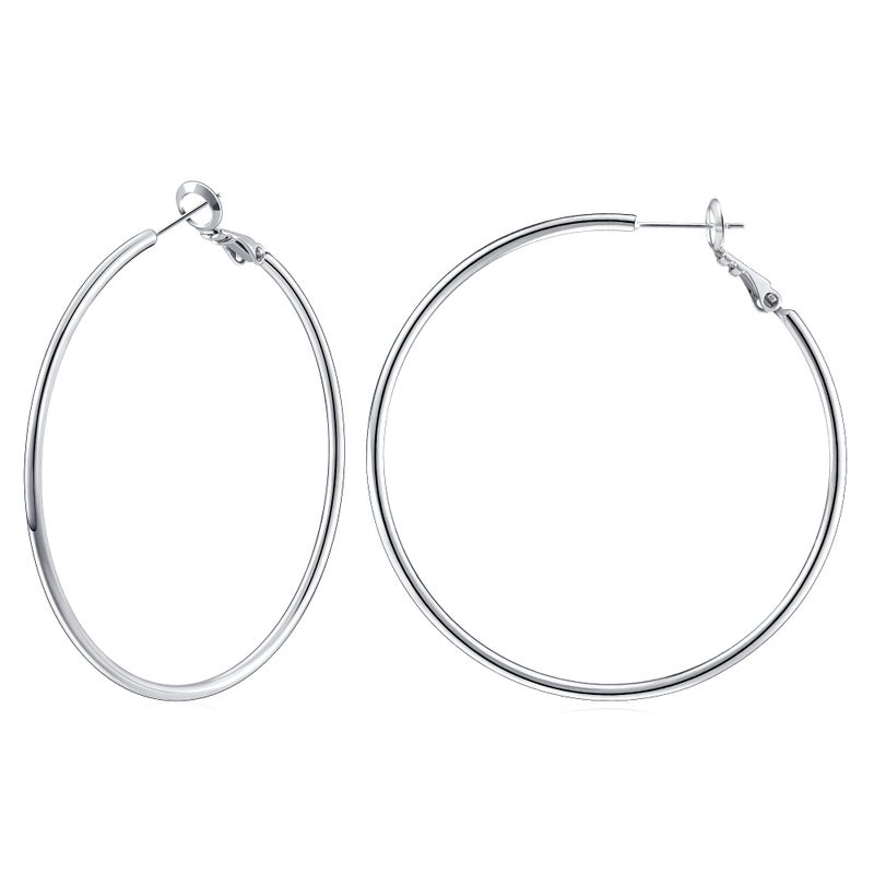 Gacimy Large Hoop Earrings for Women 14K White Gold Plated, 925 Sterling Silver Post Hoops for Women, 50mm Silver Tone Big Earrings - Image 1