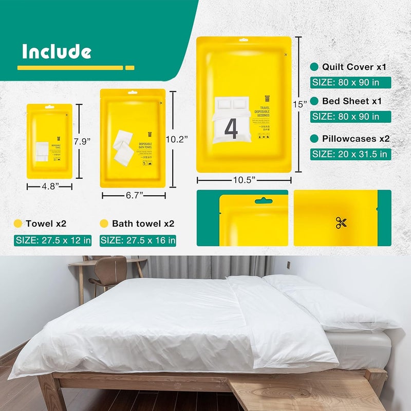 KASTWAVE 4 Pack Travel Disposable Bedding Set, Disposable Bedding Sheets, Sheet for Business Travel Hotel Trip Outdoor Camping, 1 Quilt Covers, 1 Bed Sheet and 2 Pillow Cases, 2 Towel, 2 Bath Towel - Image 5