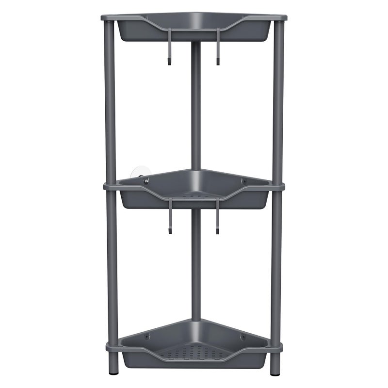Orimade Rustproof 3 Tier Floor Standing Corner Shower Caddy Organizer Plastic Metal Splicing Floor Corner Shelf Rack Stands for Bathroom Grey
