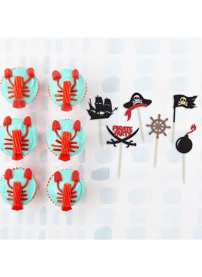 Confetti - Confetti! 24Pcs Pirate Cupcake Toppers Black Glitter Nautical Sailing Skull Cap Cupcake Picks for Pirate Theme Baby Shower Kids Birthday Party Cake Decorations Supplies - Image 1