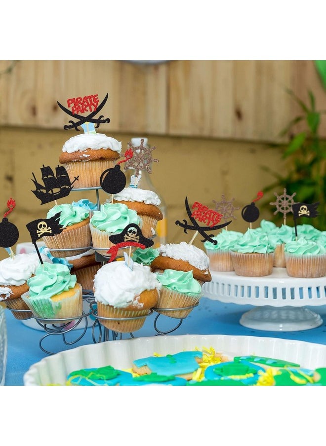 Confetti - Confetti! 24Pcs Pirate Cupcake Toppers Black Glitter Nautical Sailing Skull Cap Cupcake Picks for Pirate Theme Baby Shower Kids Birthday Party Cake Decorations Supplies - Image 1