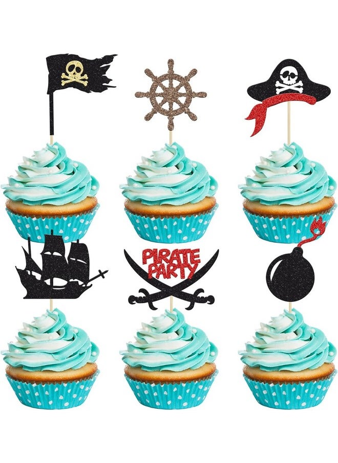 Confetti - Confetti! 24Pcs Pirate Cupcake Toppers Black Glitter Nautical Sailing Skull Cap Cupcake Picks for Pirate Theme Baby Shower Kids Birthday Party Cake Decorations Supplies - Image 1