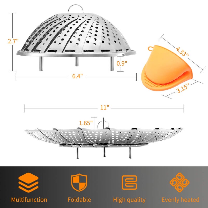 Vegetable Steamer Basket Stainless Steel Premium Folding Veggie Steamer, Steamer for Cooking Lobster, Dumplings, Seafood, Suitable for Instant Pot Expandable to Fit Various Size Pot 7''-11'' - Image 5