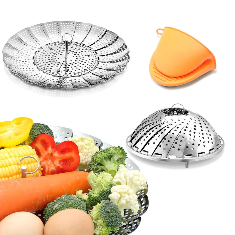 Vegetable Steamer Basket Stainless Steel Premium Folding Veggie Steamer, Steamer for Cooking Lobster, Dumplings, Seafood, Suitable for Instant Pot Expandable to Fit Various Size Pot 7''-11'' - Image 1
