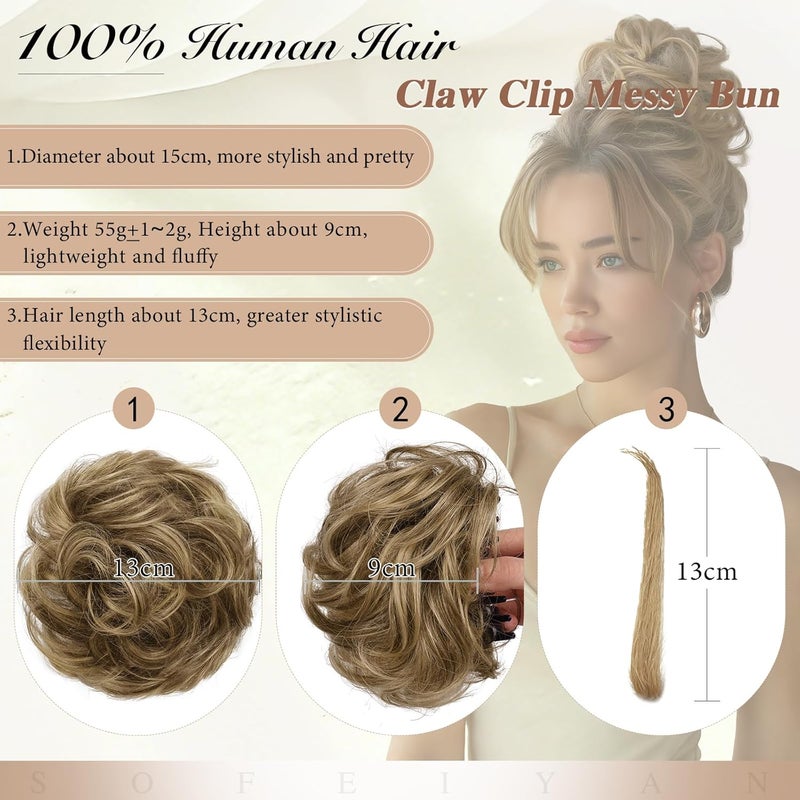 SOFEIYAN Claw Clip Messy Bun 100% Human Hair Buns Curly Hairpieces with Clip Real Hair Chignon Tousled Updo Scrunchie Hairpiece with Clips Hair Accessories for Women-light Brown with Blonde Highlights - Image 2