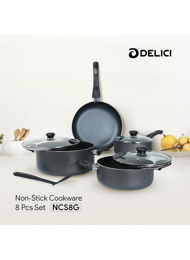 DELICI 8 Piece Nonstick Cookware Set Aluminum, Kitchen Essential Bundle With Tempered Glass Lids,2 Casserole With Lid, Saucepan With Lid, Frypan And Nylon Turner, Dishwasher Safe, Pfoa Free,(Ncs8G) - Image 2
