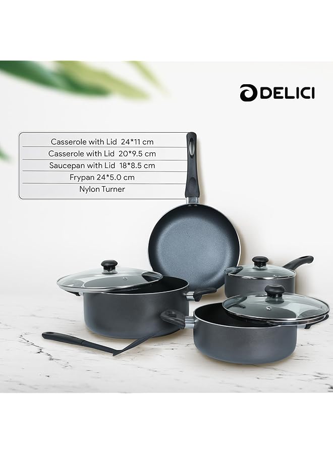 DELICI 8 Piece Nonstick Cookware Set Aluminum, Kitchen Essential Bundle With Tempered Glass Lids,2 Casserole With Lid, Saucepan With Lid, Frypan And Nylon Turner, Dishwasher Safe, Pfoa Free,(Ncs8G) - Image 4