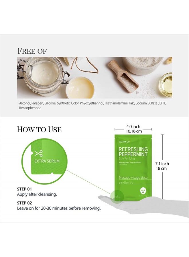 Glam Up Sheet Mask Refreshing Peppermint (10 sheets) - Calming, Pore Tightening - Image 5