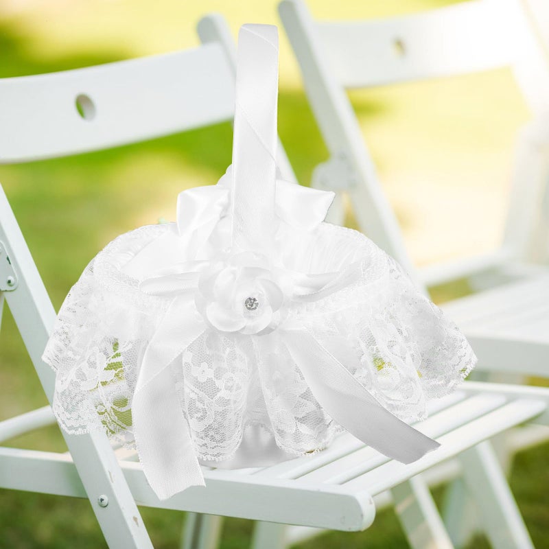 White Lace Flower Girl Basket Rustic Wedding Ceremony Bride Handheld Basket - Image 4