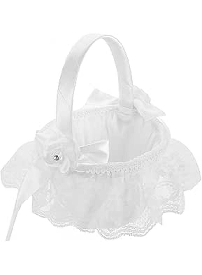 White Lace Flower Girl Basket Rustic Wedding Ceremony Bride Handheld Basket - Image 1