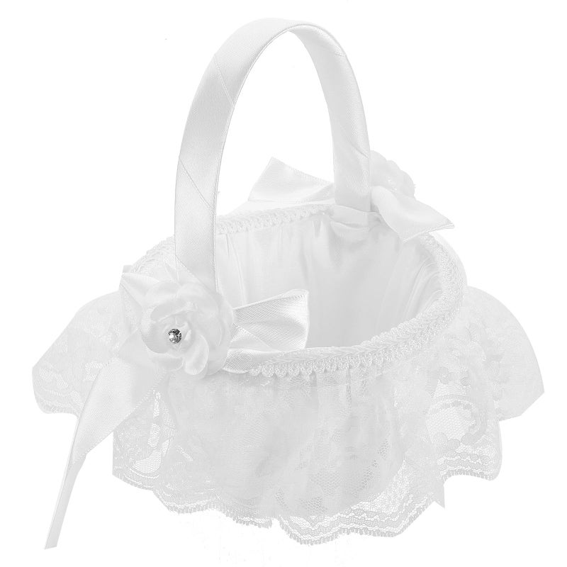 White Lace Flower Girl Basket Rustic Wedding Ceremony Bride Handheld Basket - Image 2