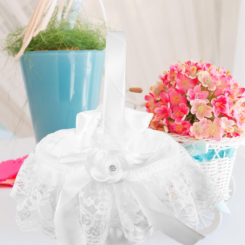 White Lace Flower Girl Basket Rustic Wedding Ceremony Bride Handheld Basket - Image 5