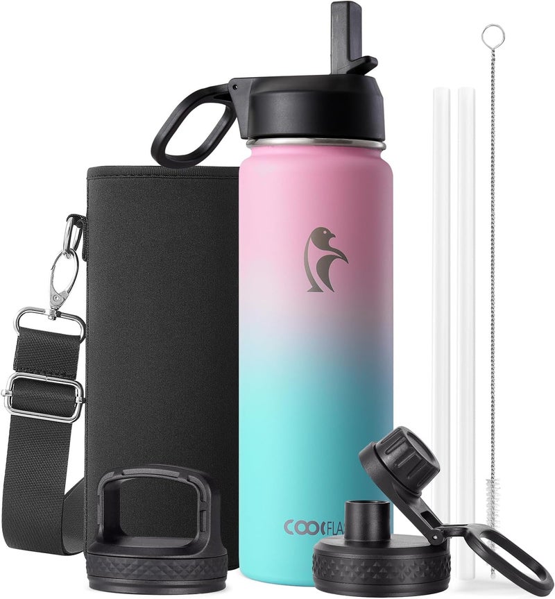 Coolflask Water Bottle 650ml Insulated with Straw, Stainless Steel Metal 3 Lids Water Flask Wide Mouth for Sports or Office, Non-BPA Keep Cold Up to 48 Hrs or Hot Up to 24 Hrs, Bubblegum Princess - Image 1