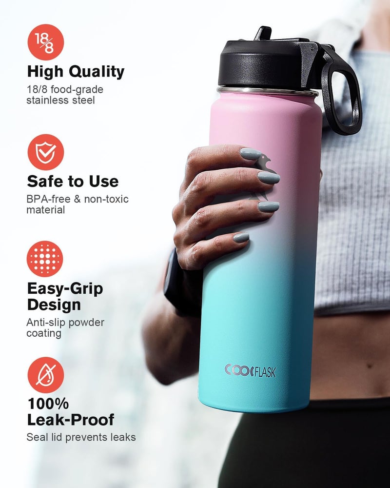 Coolflask Water Bottle 650ml Insulated with Straw, Stainless Steel Metal 3 Lids Water Flask Wide Mouth for Sports or Office, Non-BPA Keep Cold Up to 48 Hrs or Hot Up to 24 Hrs, Bubblegum Princess - Image 3