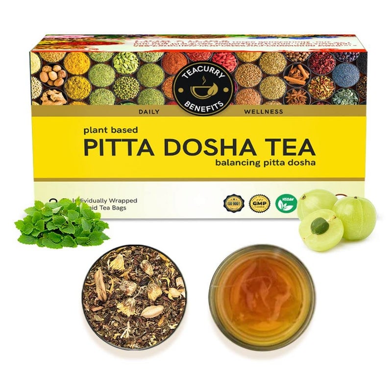TEACURRY Pitta Dosha Tea (1 Month Pack, 30 Tea Bags) - Helps to balance Pitta Dosha & improve Digestion | Made with Natural Herbs - Rose Petals, Shatavari, Peppermint, Banarasi Amla - Image 1