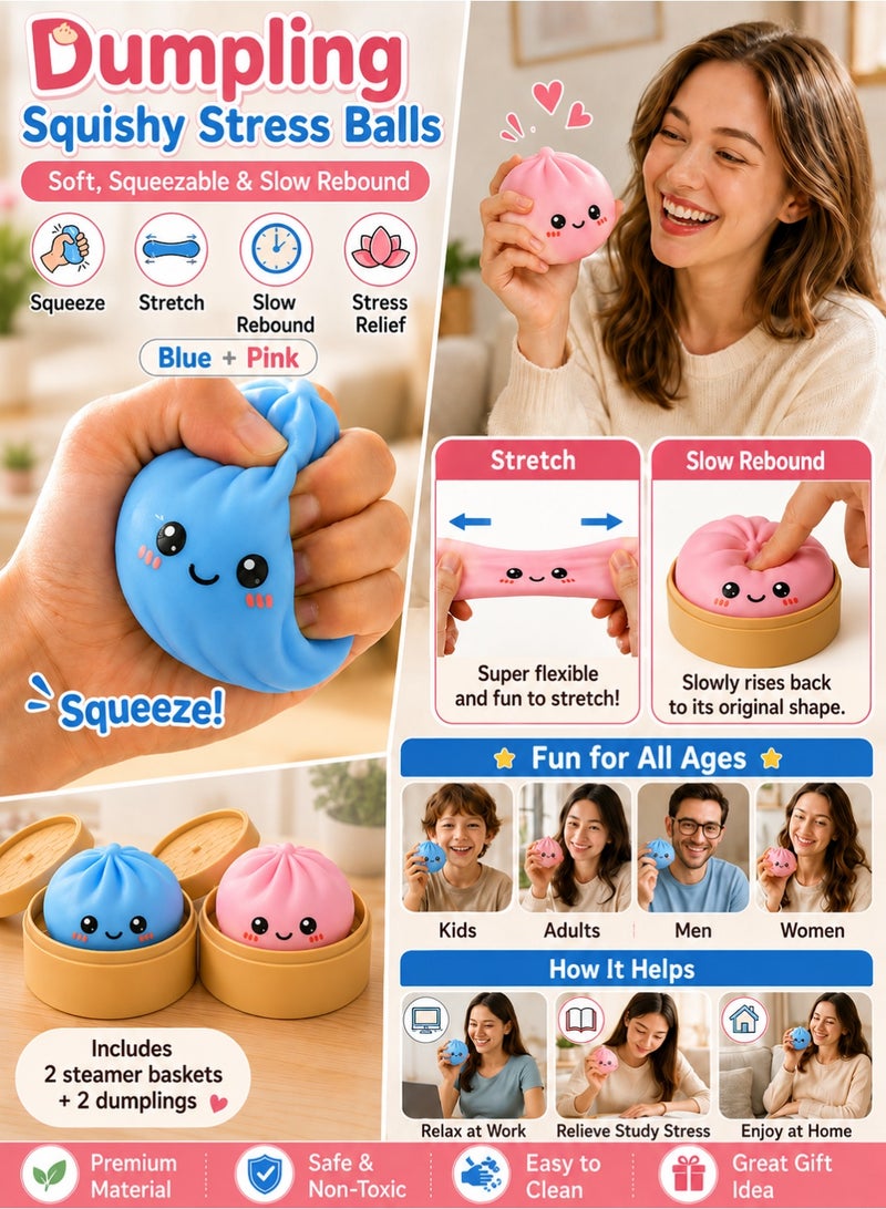 Eworld Dumpling Squishy Sensory Squeeze Toy - Soft Slow Rising Stress Relief Fidget Toy for Kids & Adults Anti-Anxiety Toy, Pack of 2 Blue & Pink - Image 5
