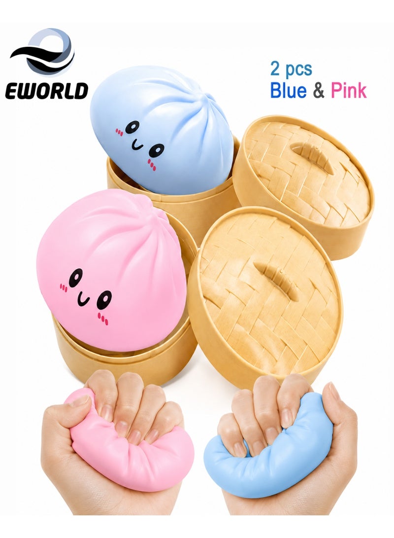 Eworld Dumpling Squishy Sensory Squeeze Toy - Soft Slow Rising Stress Relief Fidget Toy for Kids & Adults Anti-Anxiety Toy, Pack of 2 Blue & Pink - Image 1