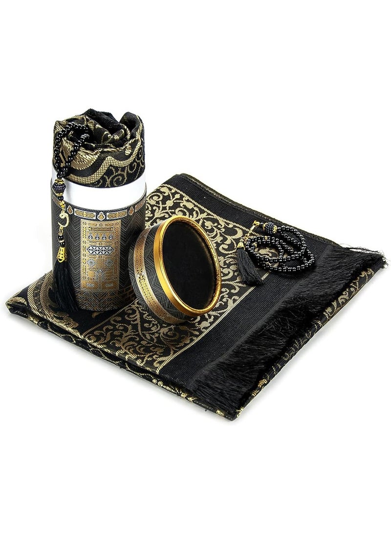 سجادة صلاة + مسبحة بتصميم أنيق في علبة هدايا (نسيج تافيتا - أسود) - Image 3