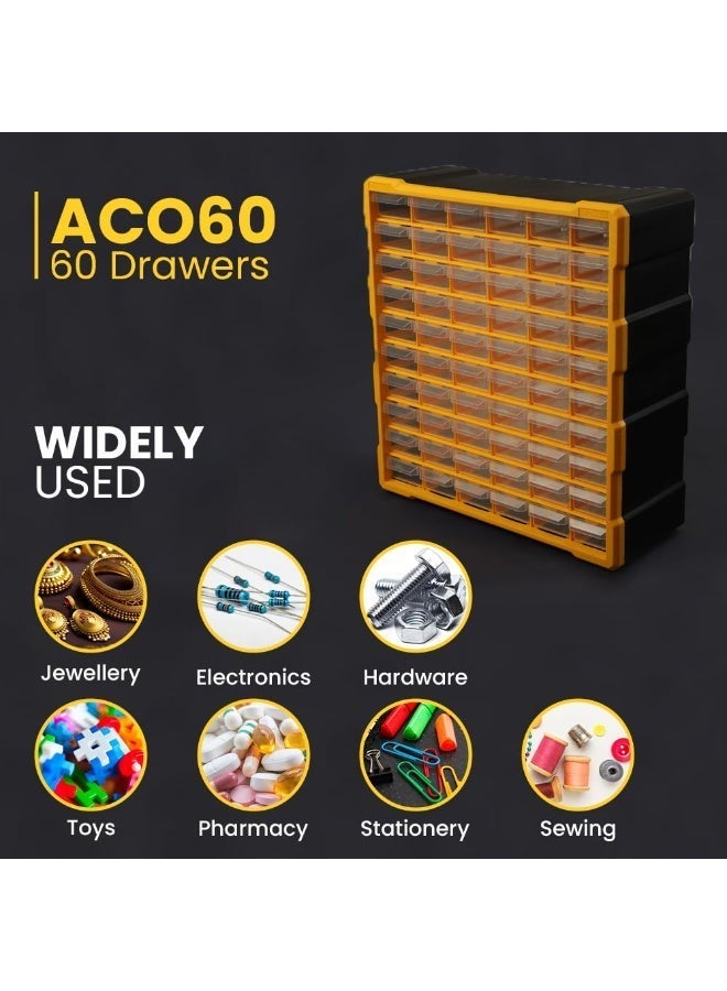 Alkon Plastic Component Organizer with 60 Drawers ACO 60 Small Parts Storage Unit | Organization Cabinet | Office Supplies | Stationary | Nuts, Screws & Bolts | Small Hardware | Workshop & Garage | DIY | Hobbies | Crafts | LEGO | Toys | Collectables | Sewing | Jewellery | Pharmacy | Medicine | Clinic | Hospital | Shop | Mobile | Electronics | Cables - Image 4