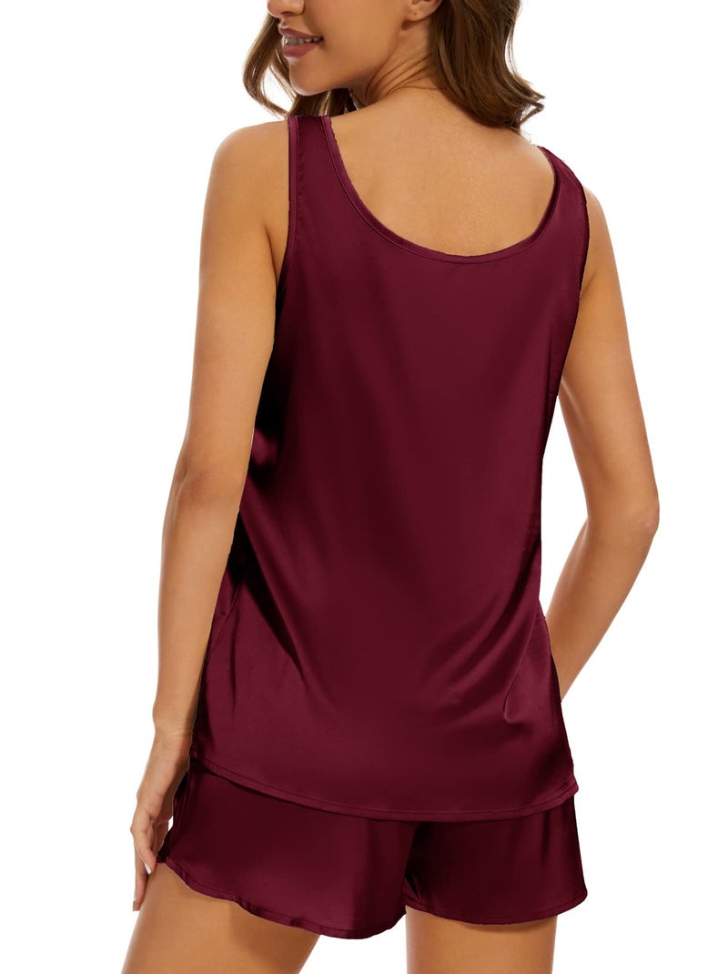 MOYEE Womens Silk Pajamas Set Satin Sleepwear Tank Tops and Loungewear Shorts Two Piece Pj Sets with Pockets(Wine Red, Large) - Image 2