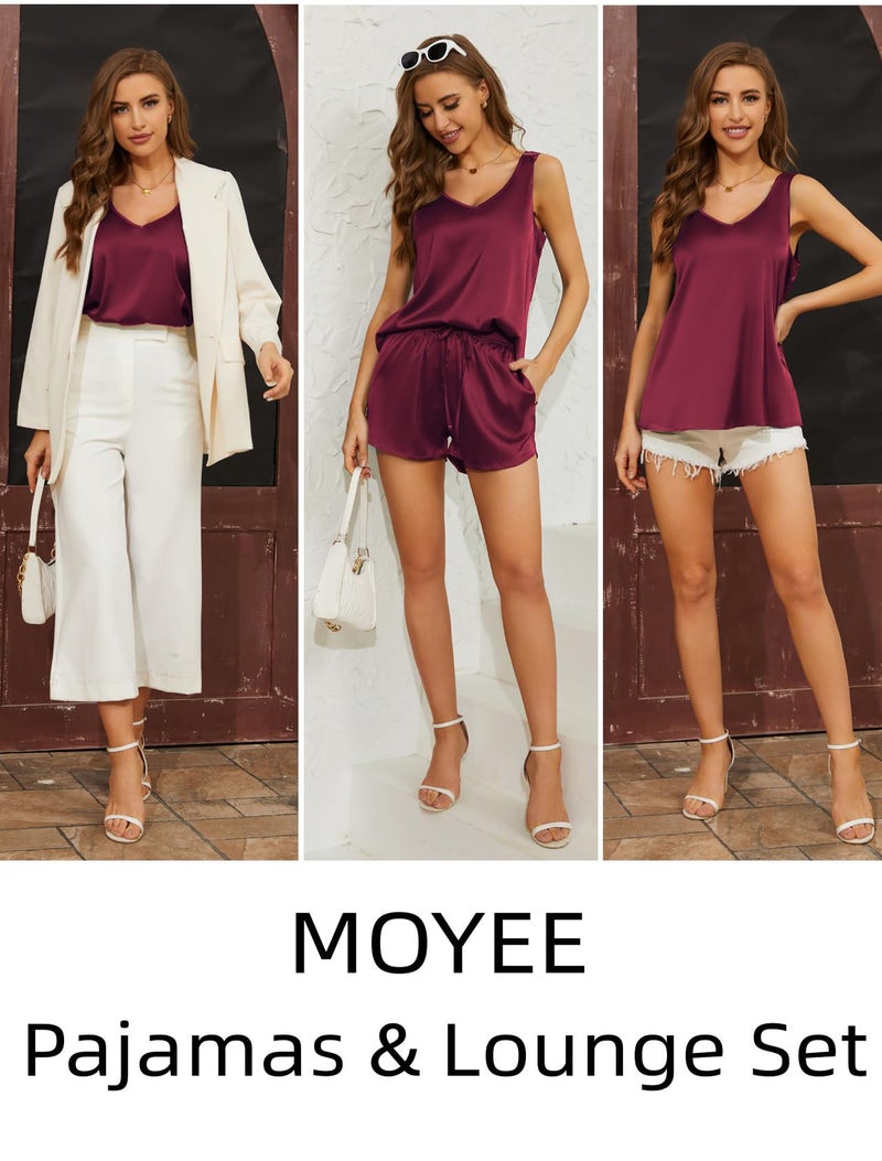 MOYEE Womens Silk Pajamas Set Satin Sleepwear Tank Tops and Loungewear Shorts Two Piece Pj Sets with Pockets(Wine Red, Large) - Image 5