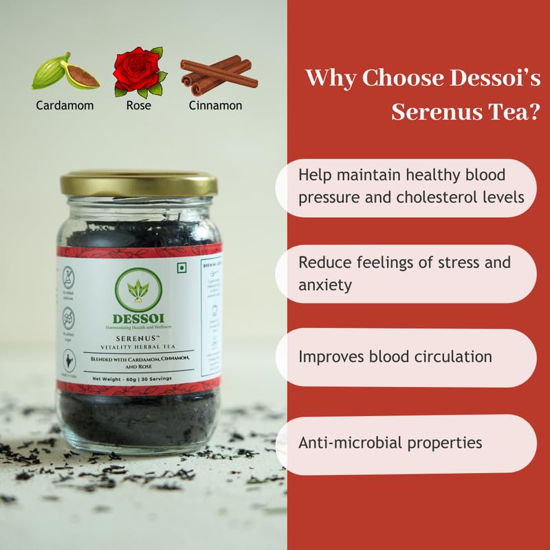 Dessoi Serenus | Herbal Tea for Cardiac Care and Vitality |120g - 60 servings | No Artificial Additives, No Preservatives, No Added Sugar, 100% Natural | Pure Assam Tea | Vegan | Brewed Iced or Hot - Image 2