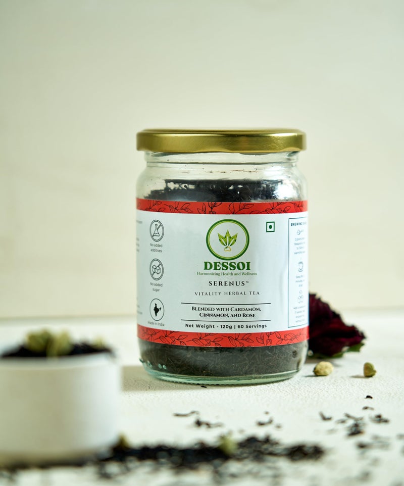 Dessoi Serenus | Herbal Tea for Cardiac Care and Vitality |120g - 60 servings | No Artificial Additives, No Preservatives, No Added Sugar, 100% Natural | Pure Assam Tea | Vegan | Brewed Iced or Hot - Image 1