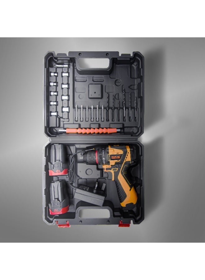 بوناي مثقاب/مفك براغي لاسلكي من بوناي مقاس 3/8 بوصة مع بطارية ليثيوم 24 فولت، سرعتان 350-1350 دورة في الدقيقة، عزم دوران متغير، طقم ملحقات من 21 قطعة لأعمال الصيانة المنزلية والإصلاحات اليدوية - Image 2