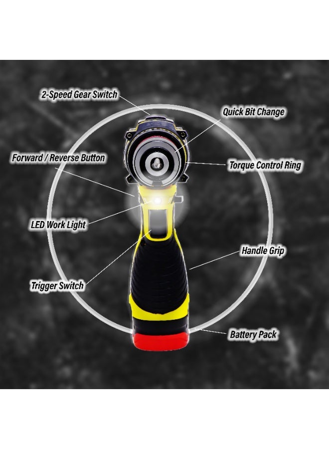 بوناي مثقاب/مفك براغي لاسلكي من بوناي مقاس 3/8 بوصة مع بطارية ليثيوم 24 فولت، سرعتان 350-1350 دورة في الدقيقة، عزم دوران متغير، طقم ملحقات من 21 قطعة لأعمال الصيانة المنزلية والإصلاحات اليدوية - Image 4