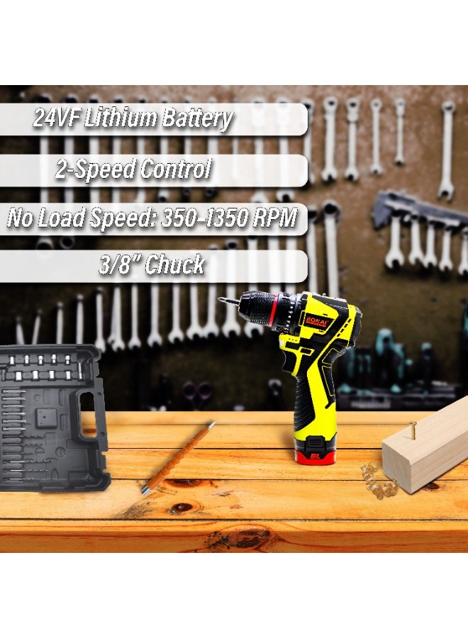 بوناي مثقاب/مفك براغي لاسلكي من بوناي مقاس 3/8 بوصة مع بطارية ليثيوم 24 فولت، سرعتان 350-1350 دورة في الدقيقة، عزم دوران متغير، طقم ملحقات من 21 قطعة لأعمال الصيانة المنزلية والإصلاحات اليدوية - Image 3