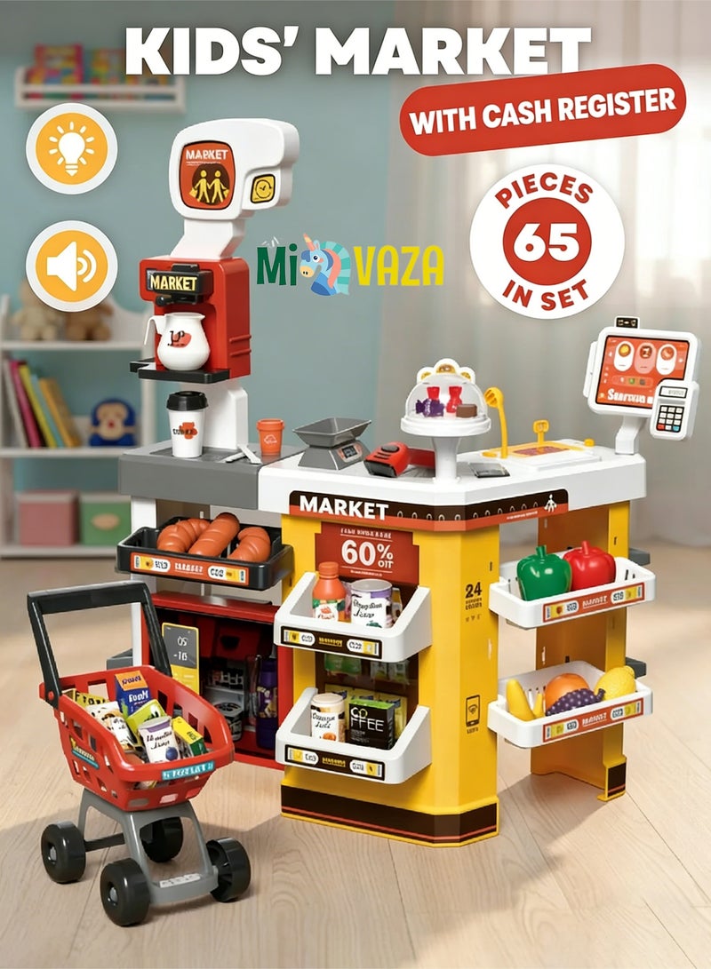 مي فازا 65 قطعة من ألعاب التظاهر بالسوبر ماركت مع عربة، وسجل نقدي، وسجل نقدي مع ماسح ضوئي وصوت، لعبة هدية مثالية للأطفال من سن 3 سنوات فما فوق، وأعياد الميلاد - Image 1