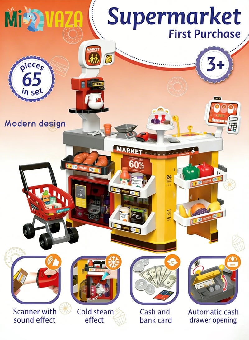 مي فازا 65 قطعة من ألعاب التظاهر بالسوبر ماركت مع عربة، وسجل نقدي، وسجل نقدي مع ماسح ضوئي وصوت، لعبة هدية مثالية للأطفال من سن 3 سنوات فما فوق، وأعياد الميلاد - Image 2