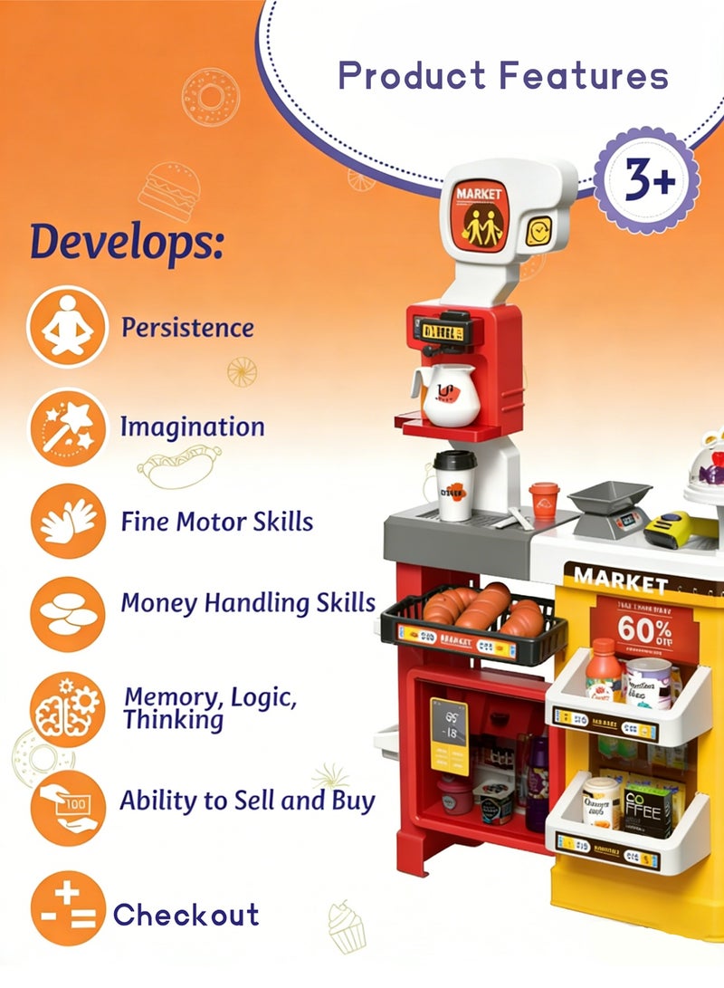 مي فازا 65 قطعة من ألعاب التظاهر بالسوبر ماركت مع عربة، وسجل نقدي، وسجل نقدي مع ماسح ضوئي وصوت، لعبة هدية مثالية للأطفال من سن 3 سنوات فما فوق، وأعياد الميلاد - Image 3