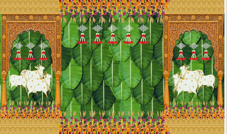 Backdropon Banana Leaf and Hanging Flower with Cows and Design Decoration Backdrop Cloth for Pooja Decoration Tradition Festival Size 5 Feet Height and 8 Feet Width(5 * 8) - Image 1