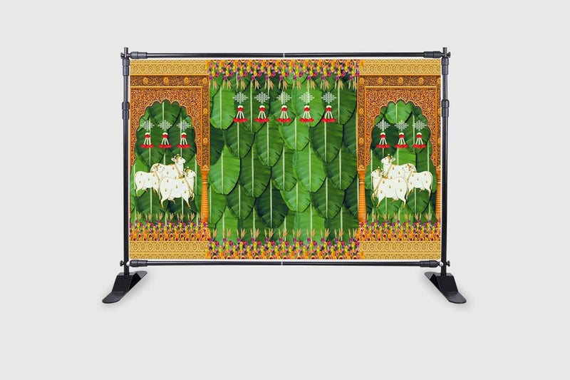 Backdropon Banana Leaf and Hanging Flower with Cows and Design Decoration Backdrop Cloth for Pooja Decoration Tradition Festival Size 5 Feet Height and 8 Feet Width(5 * 8) - Image 2