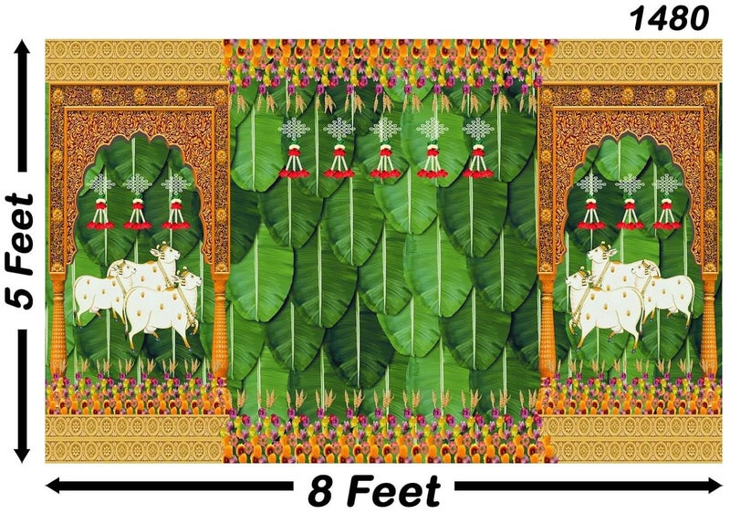 Backdropon Banana Leaf and Hanging Flower with Cows and Design Decoration Backdrop Cloth for Pooja Decoration Tradition Festival Size 5 Feet Height and 8 Feet Width(5 * 8) - Image 3