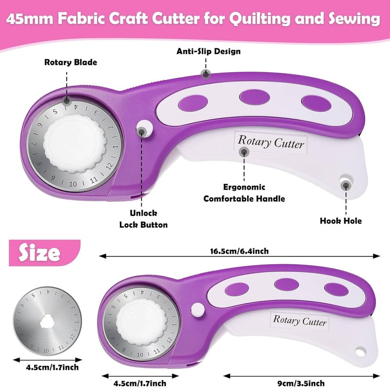 Audab Rotary Fabric Cutter and Mat Set, Self Healing Sewing Mats Shirt Cutter 45mm Rotary Cutting Wheel with Fabric Tool Blades for Cloth Crafts Quilting Scrapbooking Hobby (A4 9" x 12" Purple) - Image 3