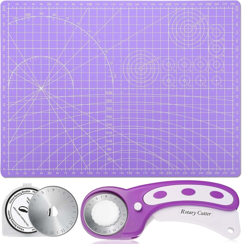 Audab Rotary Fabric Cutter and Mat Set, Self Healing Sewing Mats Shirt Cutter 45mm Rotary Cutting Wheel with Fabric Tool Blades for Cloth Crafts Quilting Scrapbooking Hobby (A4 9" x 12" Purple) - Image 1